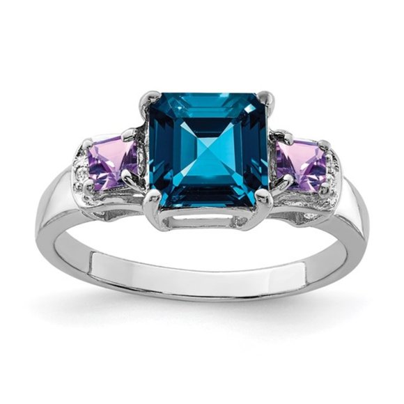 925 Sterling Silver Rhodium London Blue Topaz, Amethyst, Diamond Gemstone Ring - Picture 2 of 8